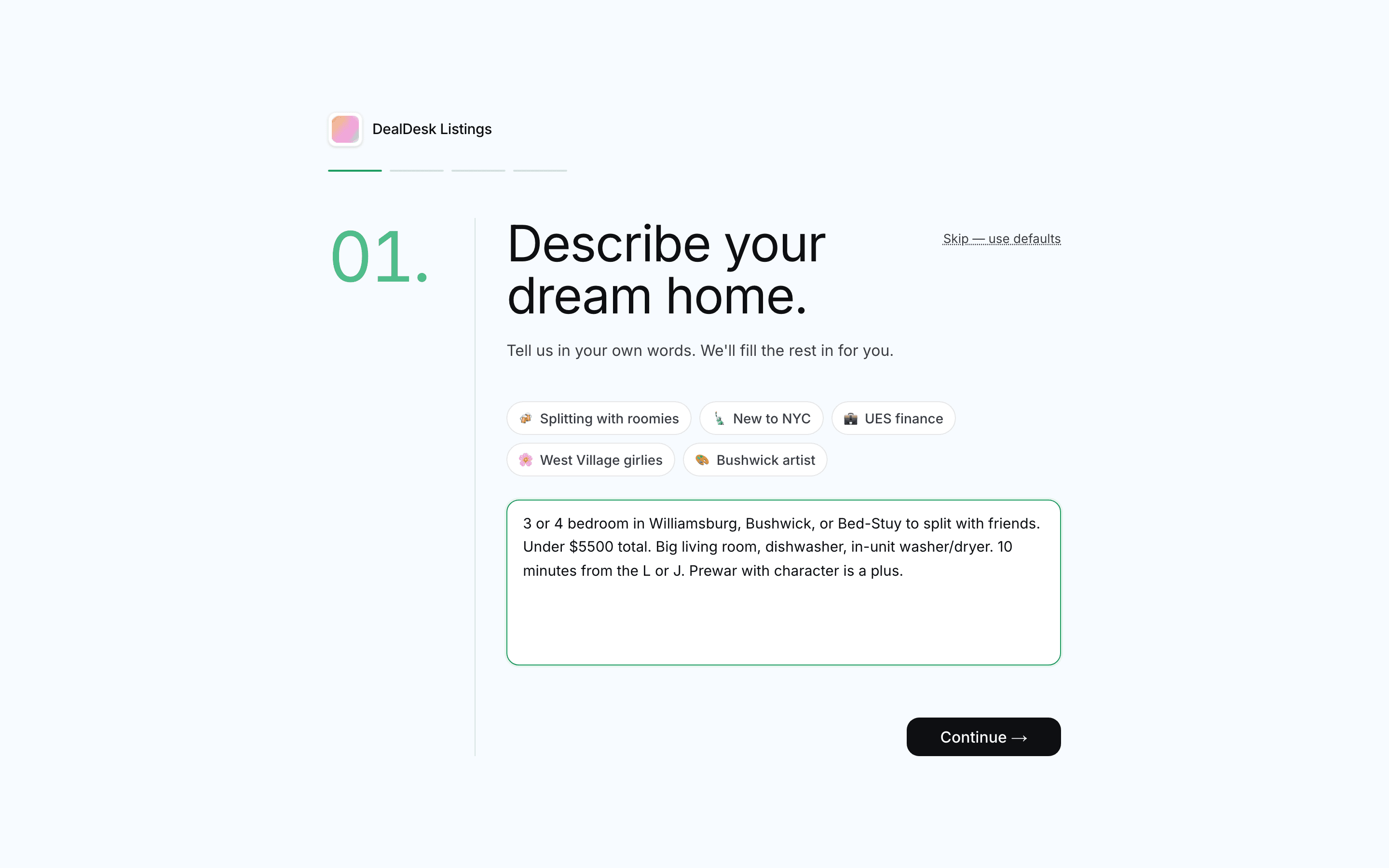 NYC Rentals AI onboarding β describe your dream home in plain words